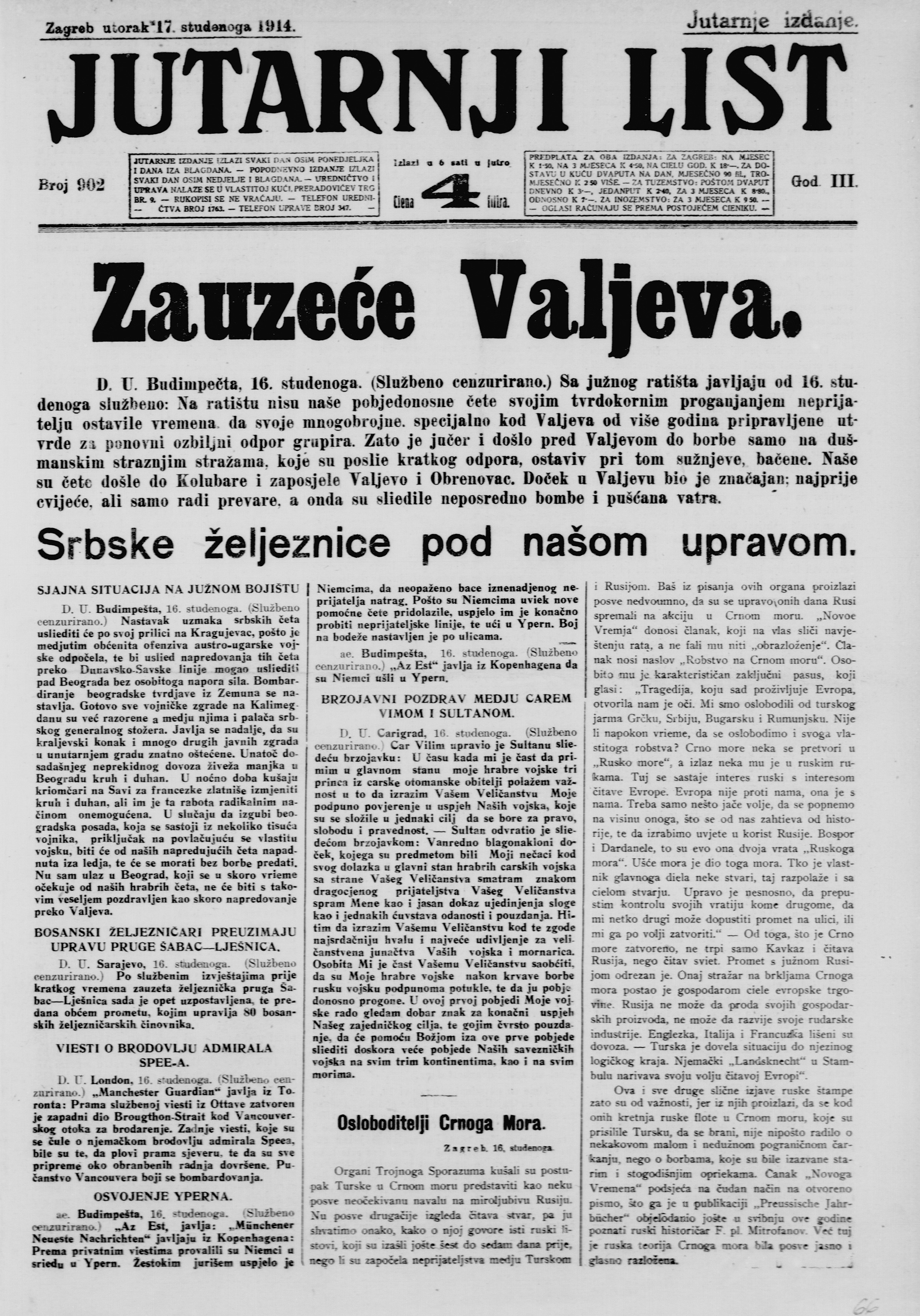 Jutarnji list, 17. novembar 1914.