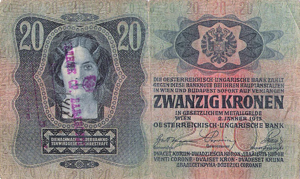 Austrougraska novčanica od 20 kruna verifikovana pečatom načelnika Sreza valjevskog